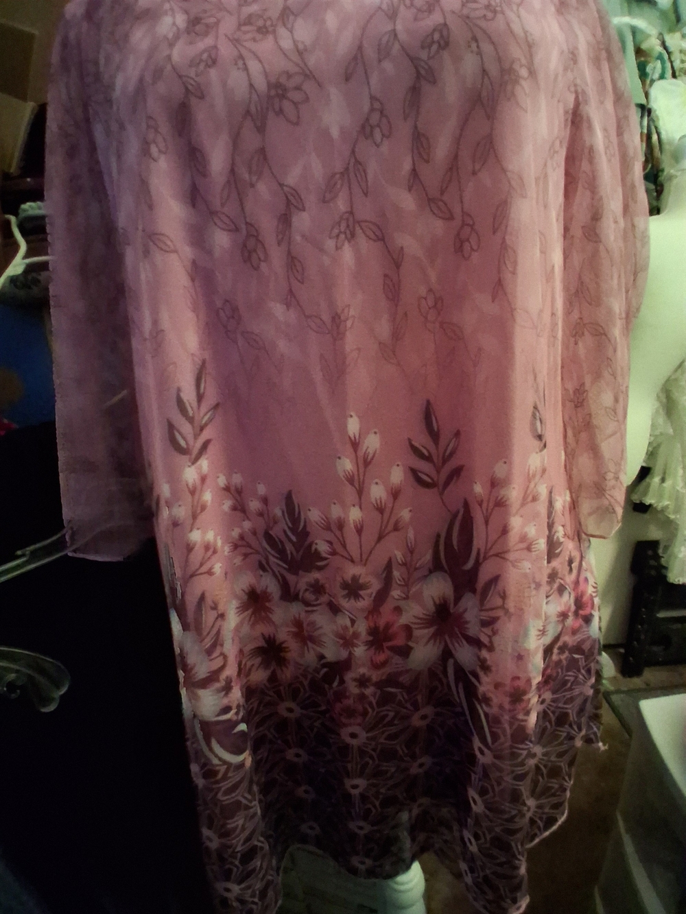 Sheer Pink Floral Overlay STRETCH Tunic,bodice lined,3/4 open sleeves,size is  M - Picture 3 of 10